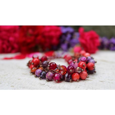 Pink, lila, piros ásvány karkötő 