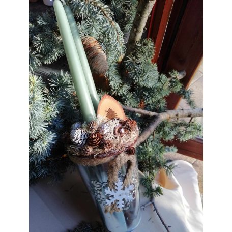 Karácsonyi asztaldísz almazöld hosszú gyertyával