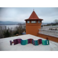   Kék,  lila, bíbor, bronz színű japán üveggyöngy karkötő 