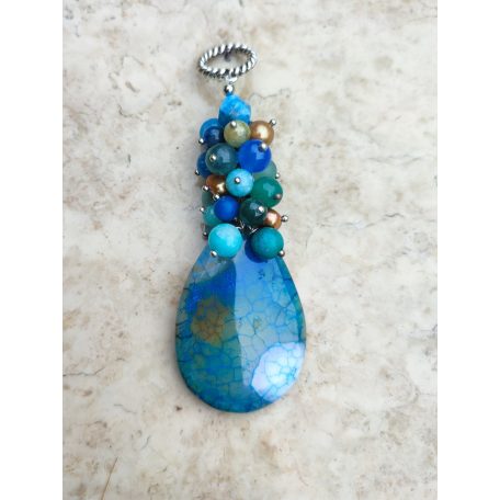 Csepp alakú achát medál, ásványokkal - apatit, türkenit, jáde 